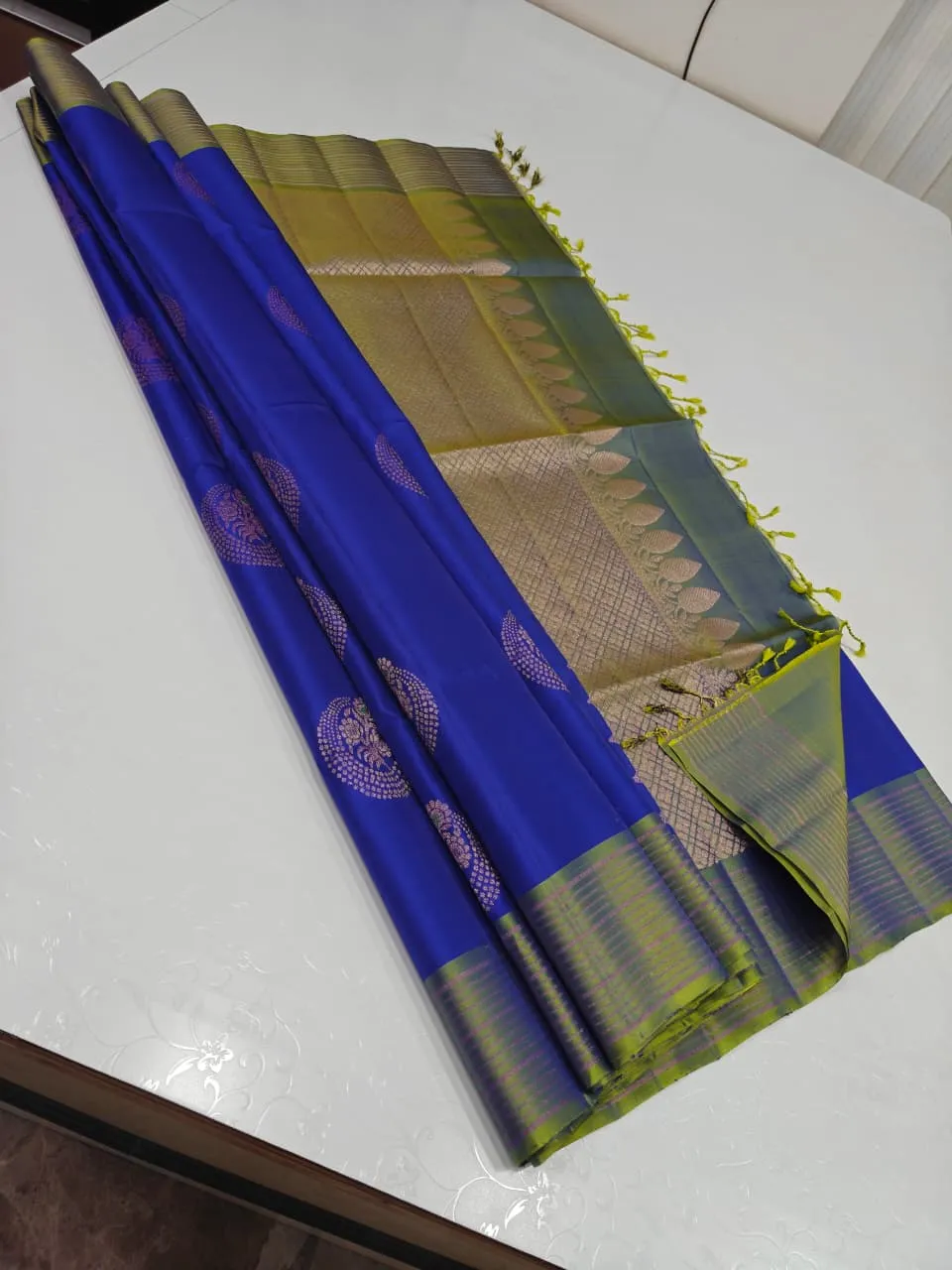 Royal Blue & Olive Green Silk Saree